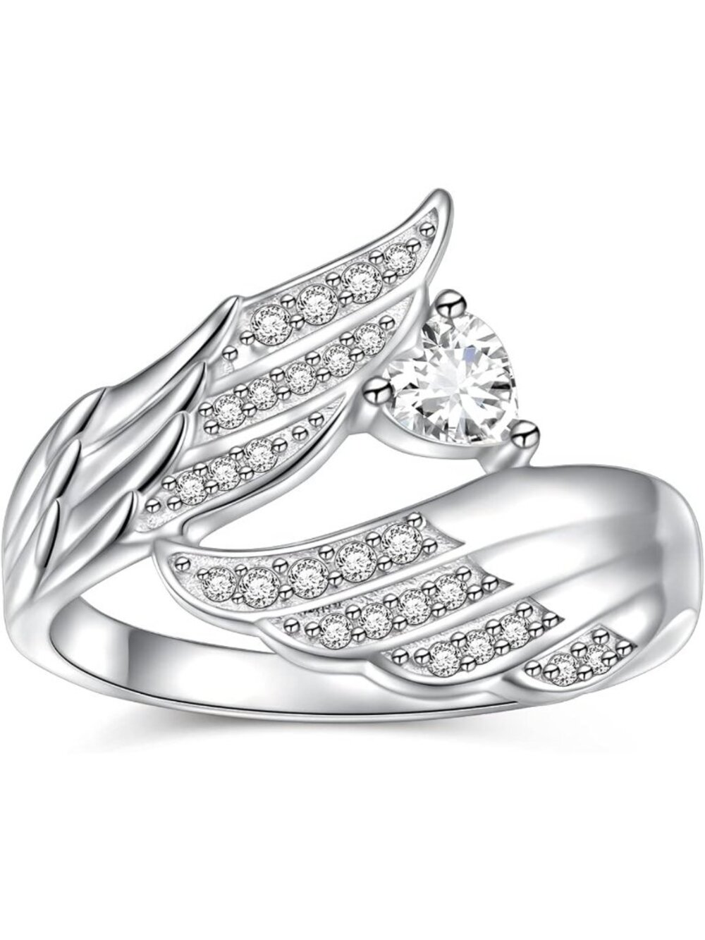 925 Sterling Silver Angel Wings Ring with CZ Stones - Elegant Feather Design for